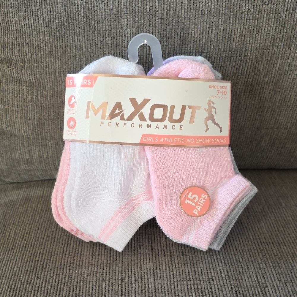 MaxOut Performance No Show Socks For Little Girls, Shoe Size 7-10, 15 Pairs, New